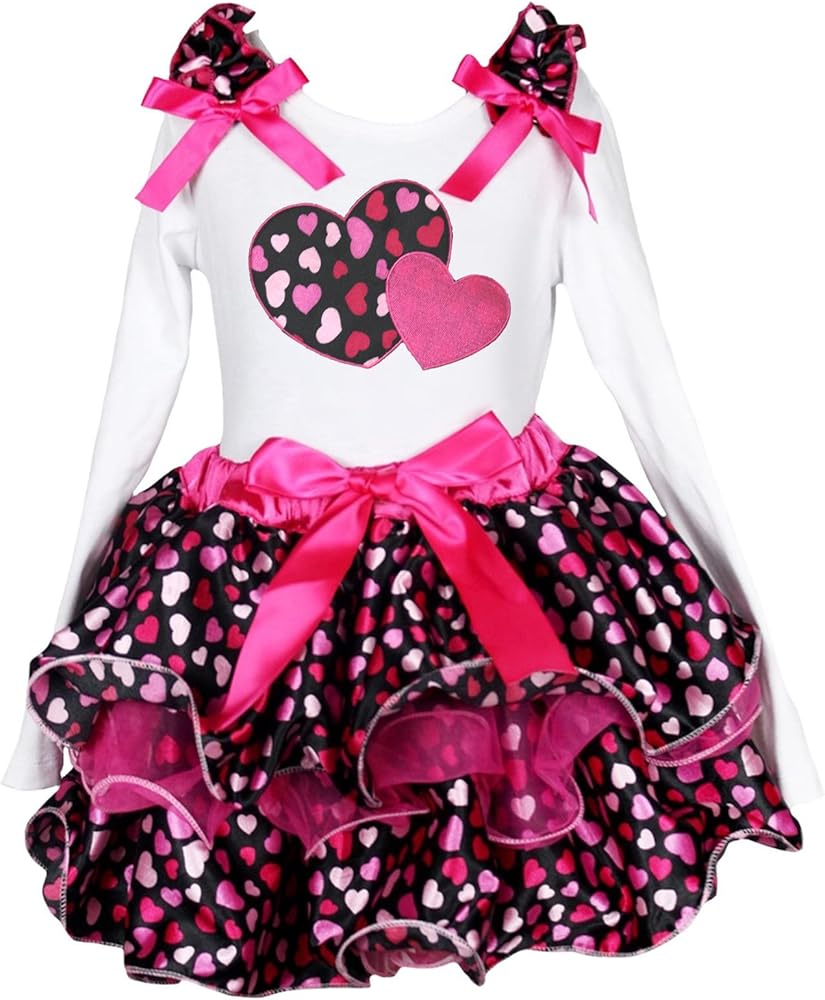 Valentine Dress Twins Heart White L/s Shirt Hot Pink Hearts Petal Skirt Set 1-8y