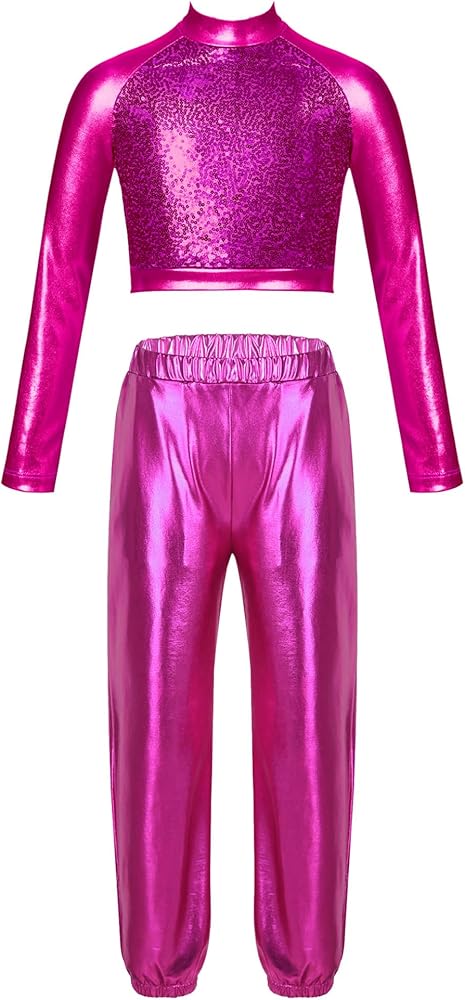 Kids Girls Metallic Tracksuit Set Gymnastics Dance Outfits Sequins Long Sleeve Ballet Crop Top with Jogger Pants