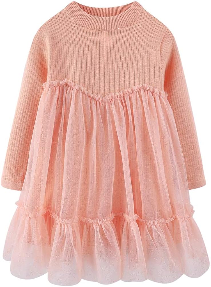 Mud Kingdom Girls Rib Knit Sweater Princess Dress with Tulle Long Sleeve