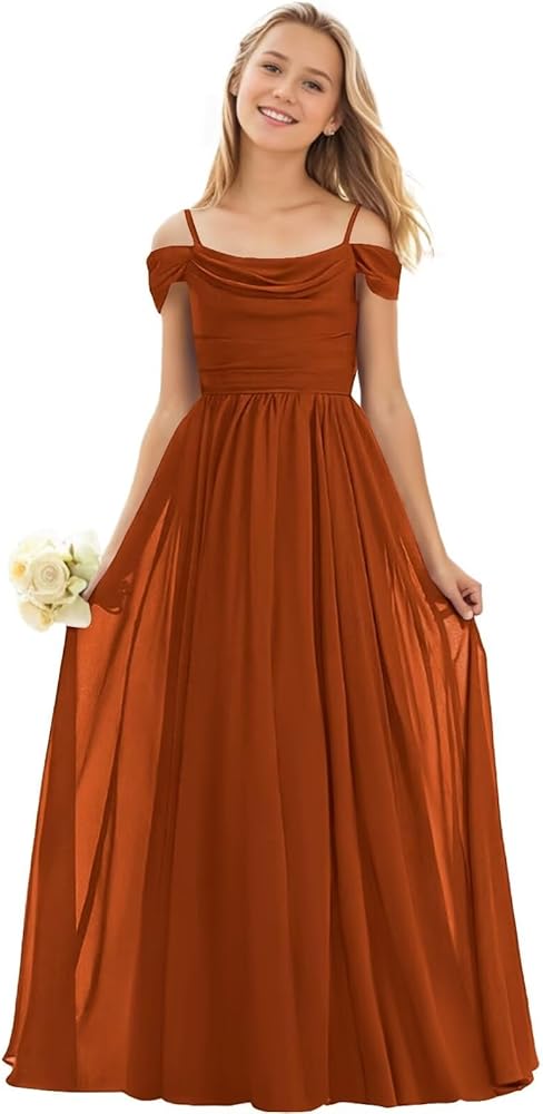 POMUYOO Cold Shoulder Floor Length Chiffon Junior Bridesmaid Dress for Wedding Teen Girls Party Pageant Gowns YG339