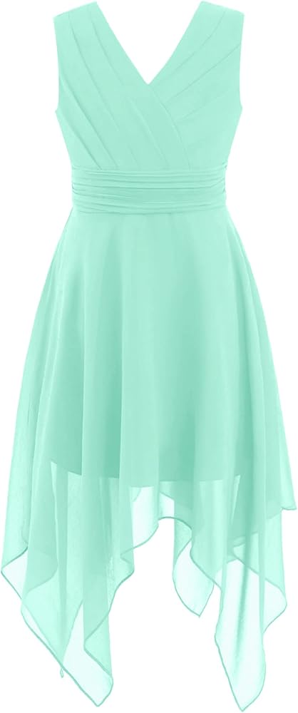 YiZYiF Kids Girl's Pleated Asymmetric Junior Bridesmaid Wedding Dress Chiffon V Neck Princess Pageant Ball Gown Mint Green 8 Years