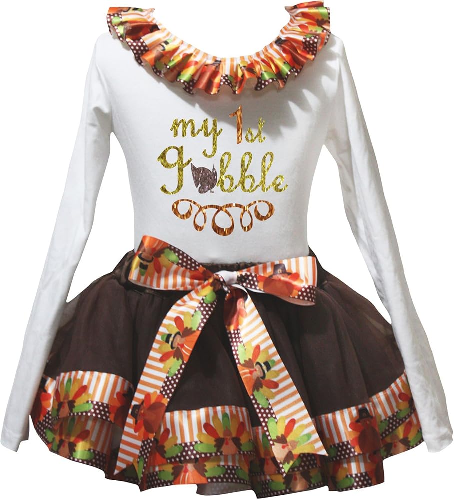 Petitebella My 1st Gobble White L/S Shirt Brown Turkey Petal Skirt Nb-8y