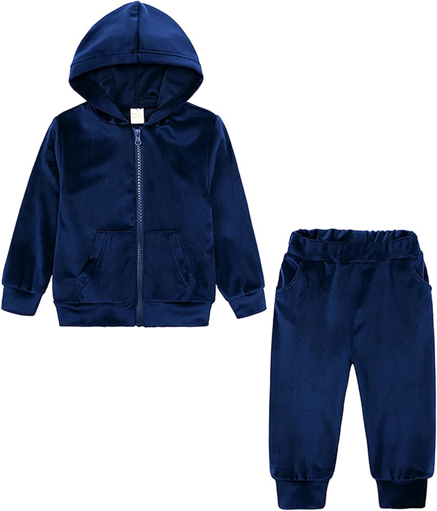 Toddler Girls Boy Clothes Velour Hooded Sweatshirt Outfits 2 Piece Sweatsuits Kids Jogger Set 6M-12Y