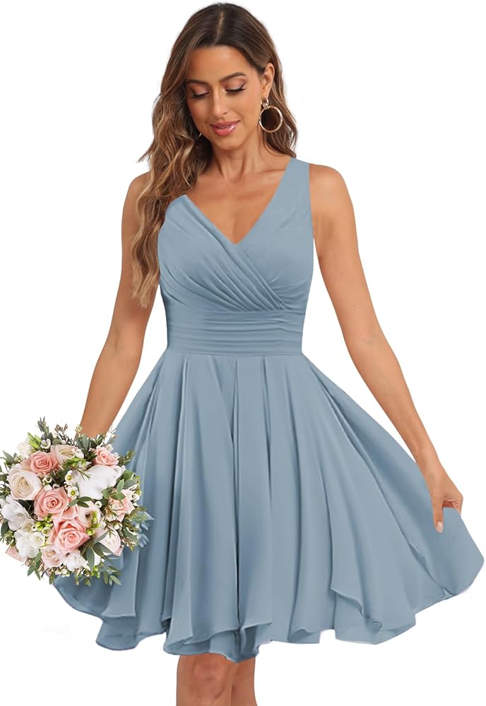 Short Bridesmaid Dresses for Women Sleeveless Pleated Chiffon V Neck A Line Knee Length Formal Wedding Guest Dresses