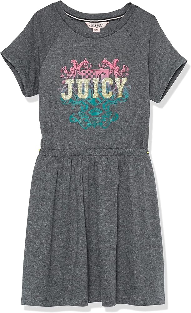 Juicy Couture Girls' Short Sleeve Jersey Tee Dress with Elastic Cinched Waist, Fun Designs & Colors