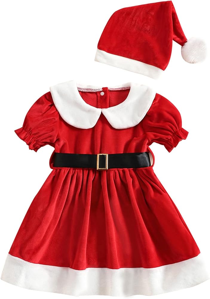 Toddler Girls Short Sleeve Christmas Fleece Princess Dress Hat Set Girls Tight Dress