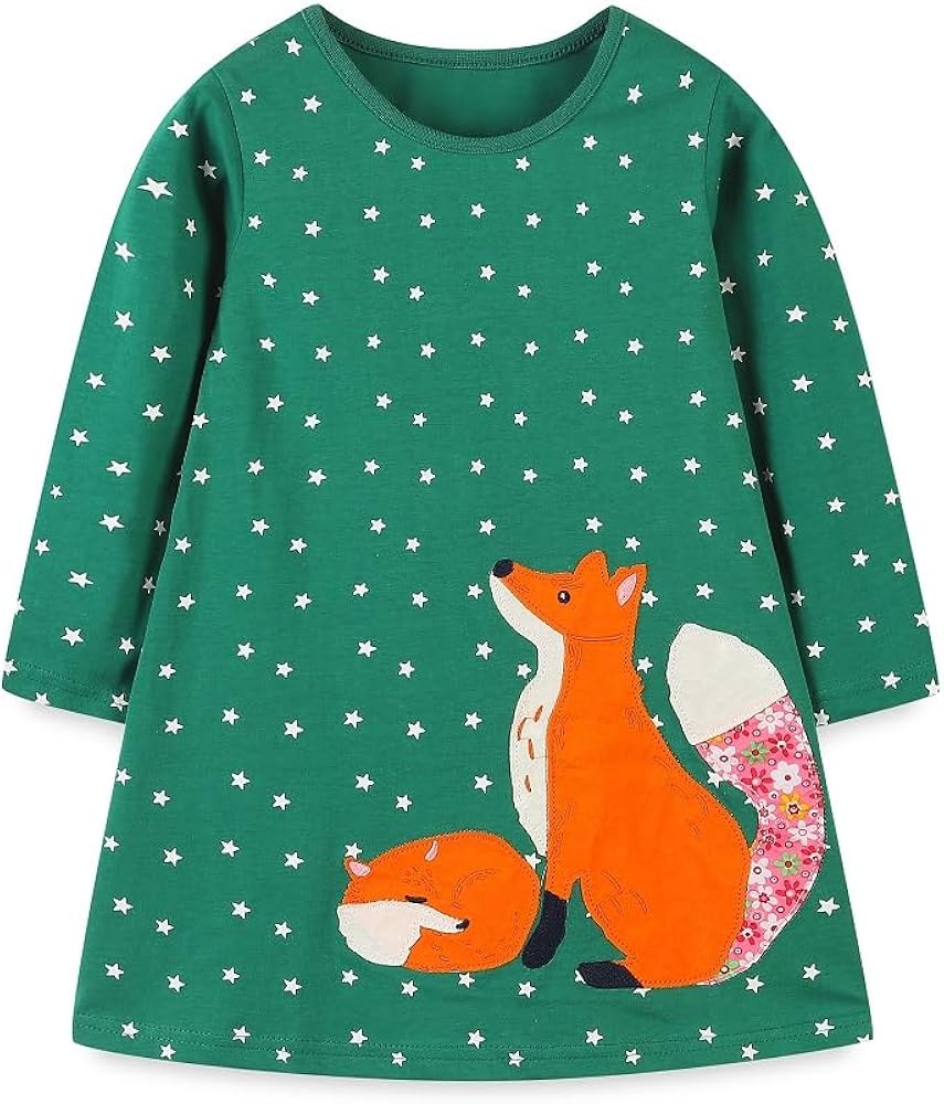 Hongshilian Girls Cotton Chirstmas Dress Long Sleeve Cartoon Appliques Casual Playwear Dresses