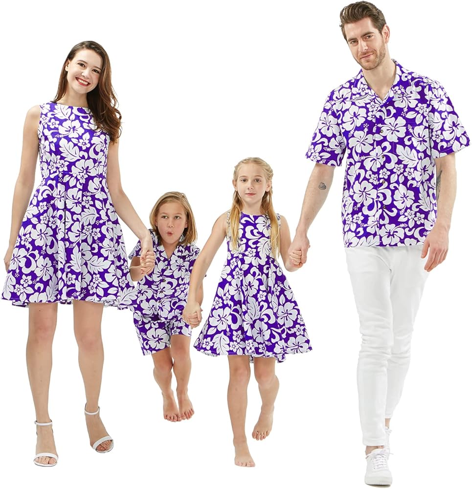 Matchable Family Hawaiian Luau Men Women Girl Boy Clothes in Classic Vintage Hibiscus Purple