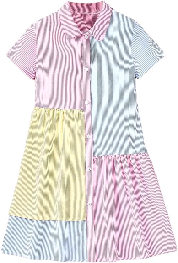 Girl's Color Block Striped Print Shirt Dresses Patchwork Short Sleeve Button Down Collared Dress