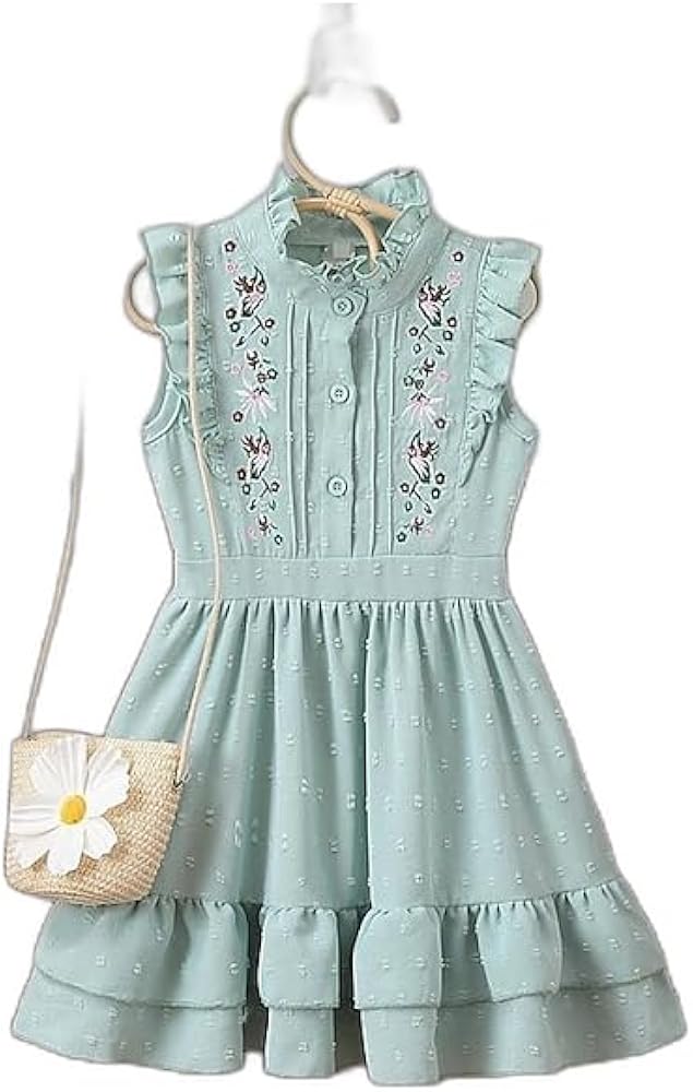 Toddler Girls' Dress Floral Sleeveless Outdoor Ruffle Embroidered Button Vacation