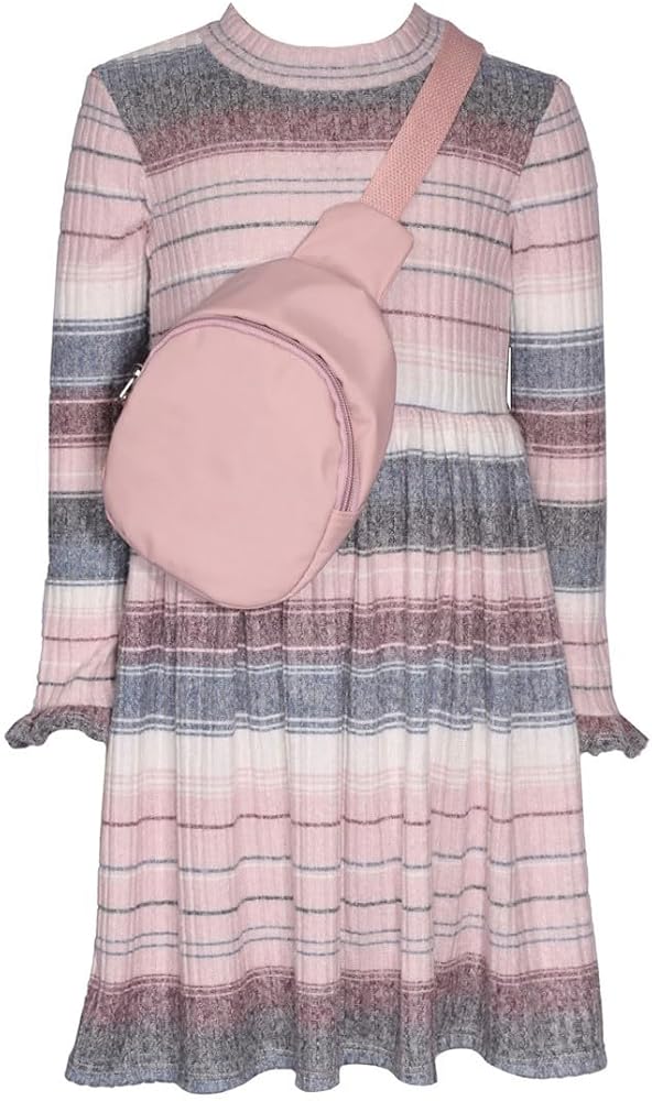 Bonnie Jean Girls 4-16 Pink Blue Stripe Ribbed Knit Dress X-Body Bag