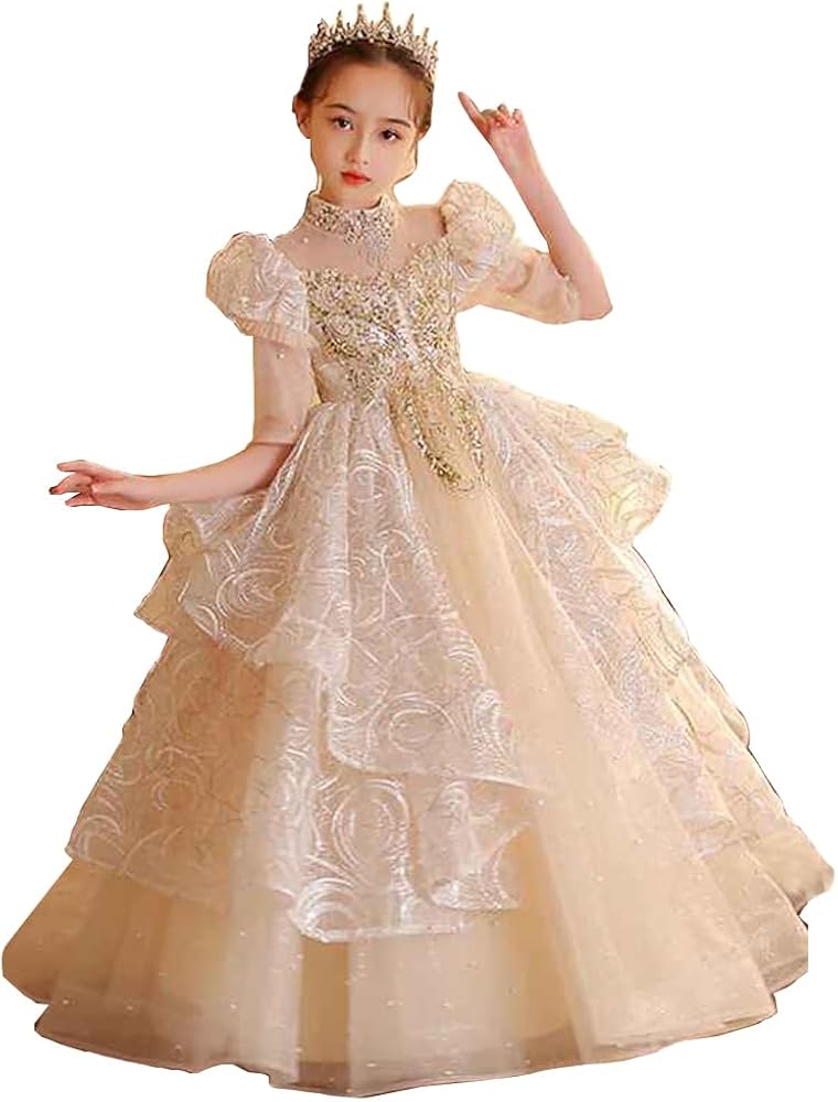 Ball Gown Floor Length Flower Girl Dress First Communion Girls Cute Prom Dress Satin with Beading Sparkle Shine Tiered