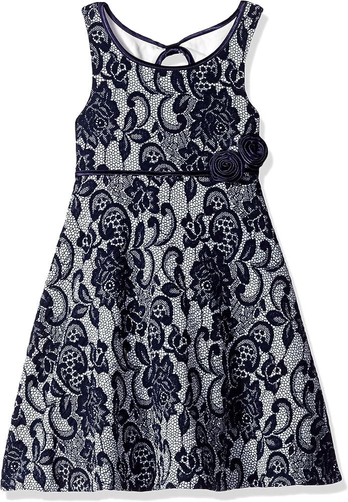 Bonnie Jean Girls' Bonded Lace Rosette Trim Flare Dress