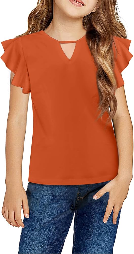 Arshiner Girls Shirts Short Sleeve Tee Ruffle Solid Summer Keyhole Neck Cotton Blouse Tops