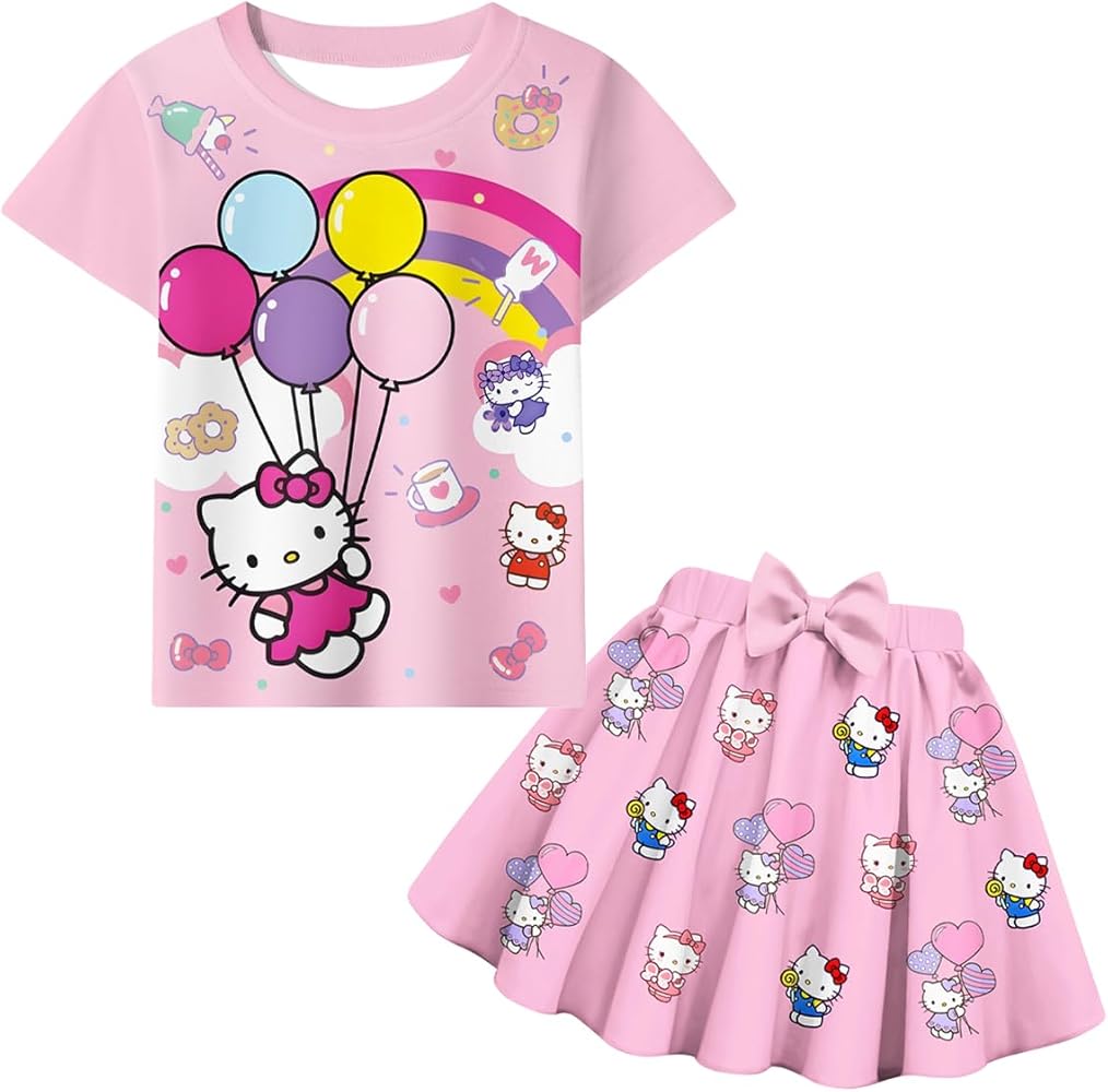 Little Girls Short Sleeve Shirt and Skirt Sets Kids 2PCS Cartoon Graphic Outfit