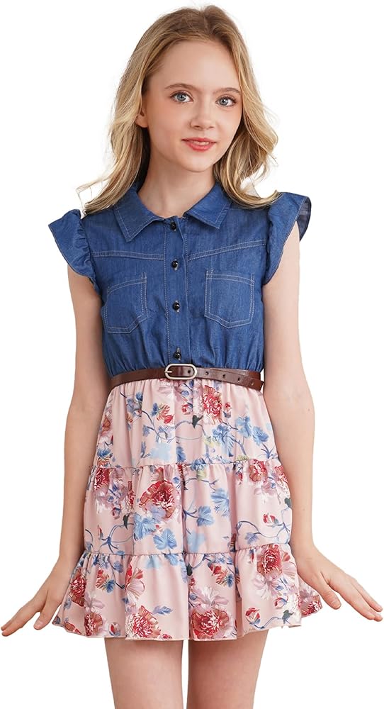 Girls Cotton Flutter Sleeve Dress Lapel Collar Shirt Denim Crop Top with Floral Swing Skirt Summer Beach Sundress