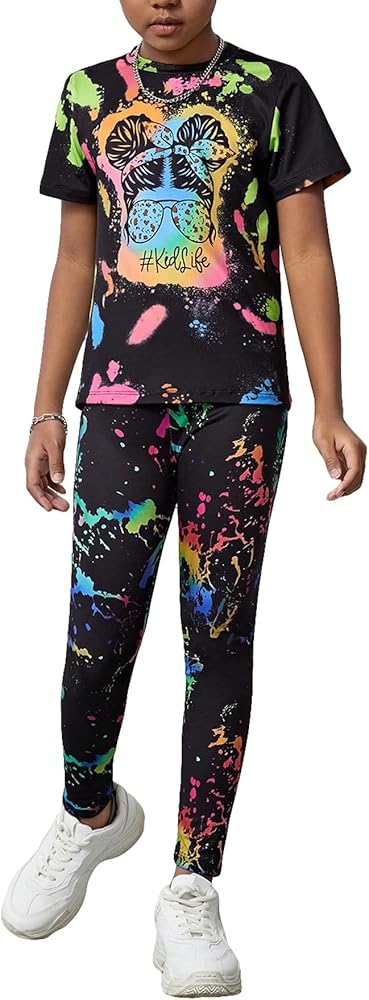 SOLY HUX Girl's 2 Piece Outfits Graphic Figure Print Short Sleeve Tee Tops and Leggings Pants Set