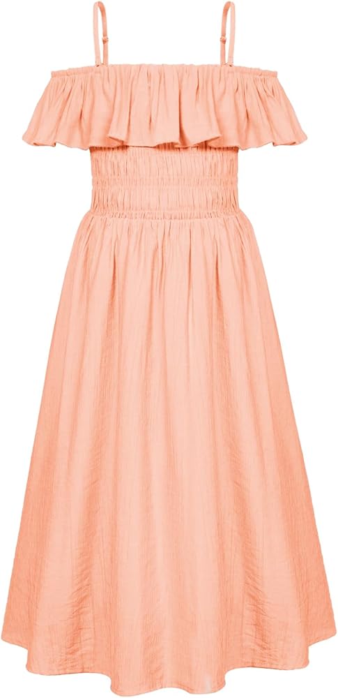 GRACE KARIN Girls Off Shoulder Sleeveless Ruffle Dress Spaghetti Straps Smocked A-Line Midi Dress 5-12Y