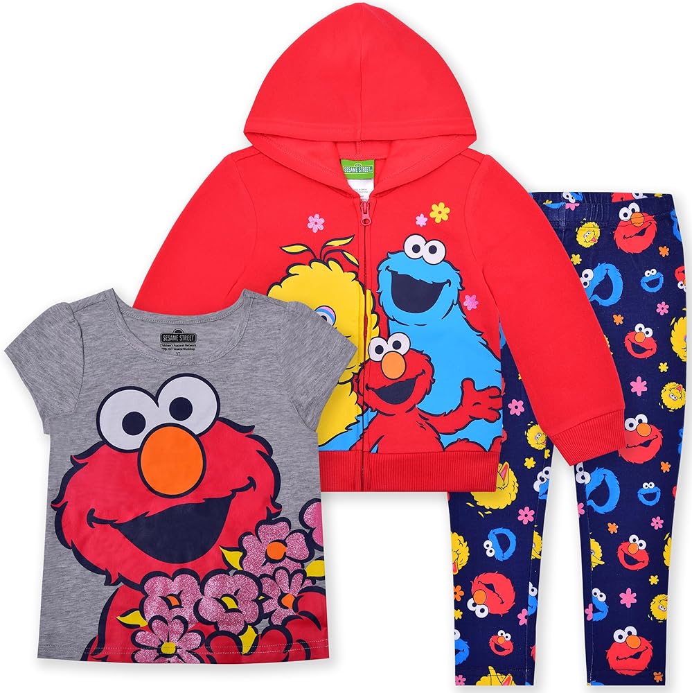 Sesame Street 3 Piece Hoodie, T-Shirt and Leggings Set for Toddlers and Little Girls– Red/Blue/Grey