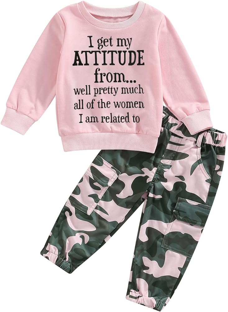 KMBANGI Kid Girls Pants Set Letter Print Long Sleeve Crew Neck Sweatshirt Camouflage Pant Fall Winter Outfits Clothes