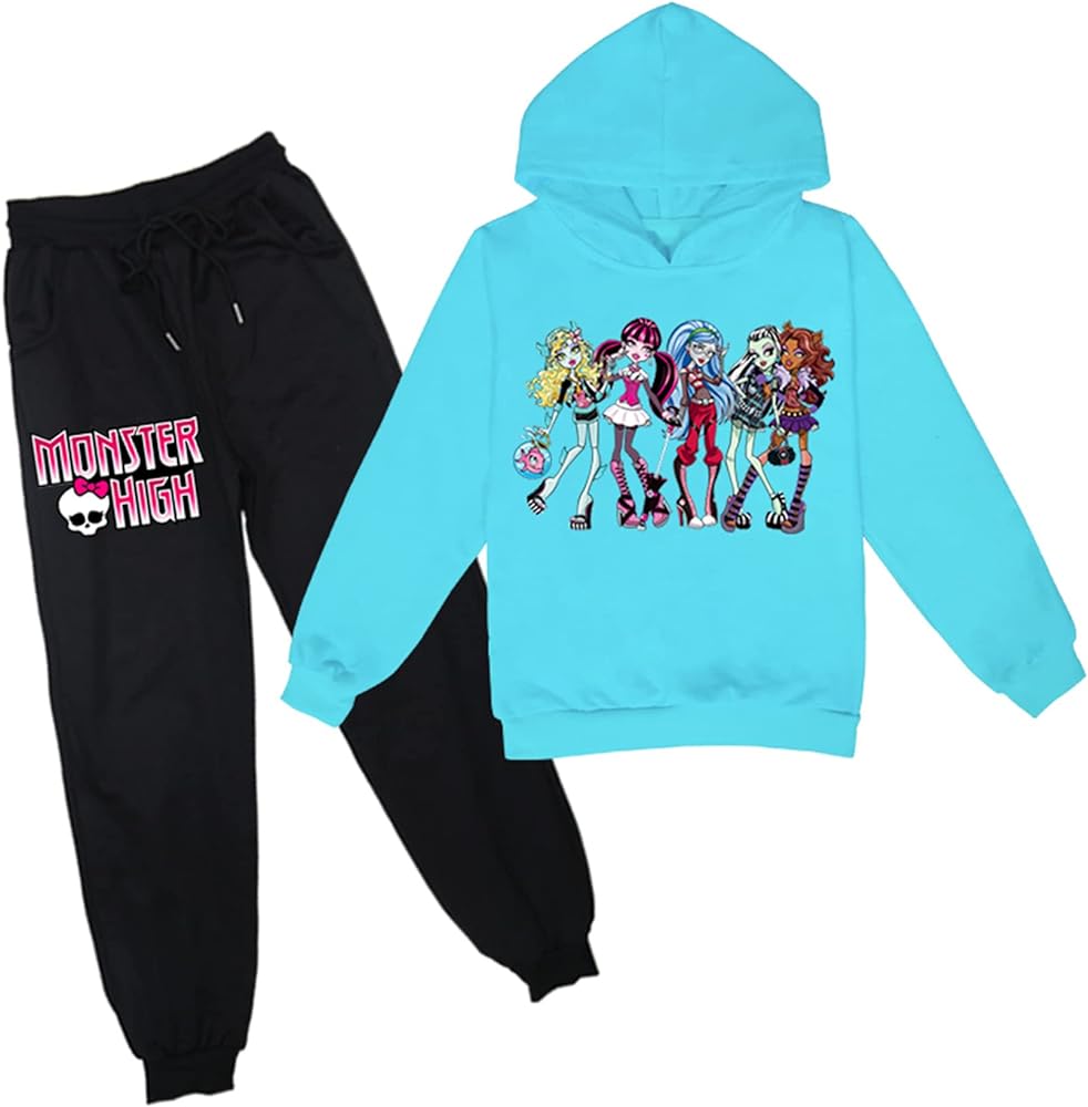 Casual Monster High Pullover Sweatshirt Outfits Novelty Long Sleeved Tops Set-Comfy Hoodie with Pants for Girls