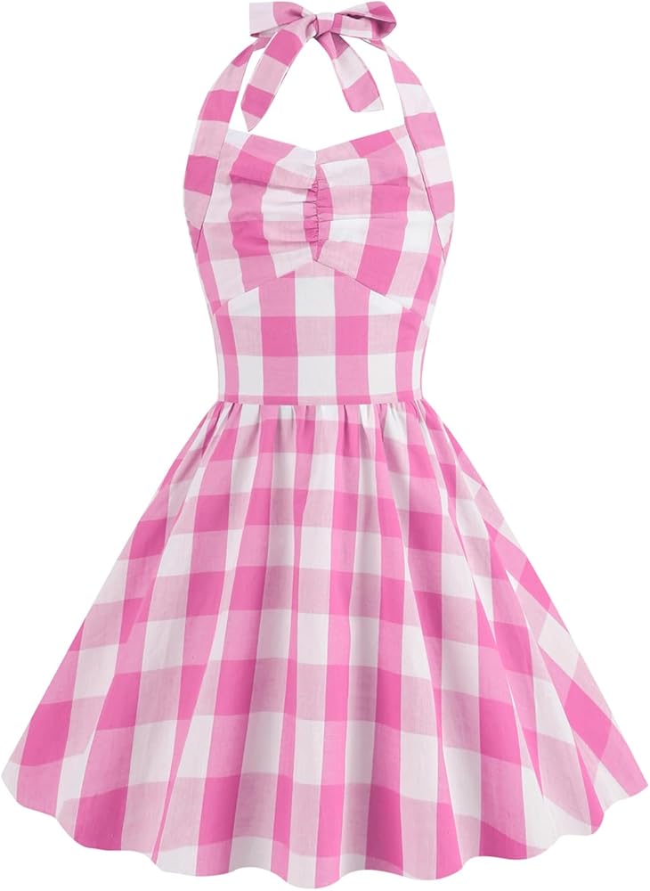 Vintage Gingham Dress for Girls 1950s 50s Halter Checkered Tea Dresses Halloween Outfits Rockabilly Audrey Hepburn