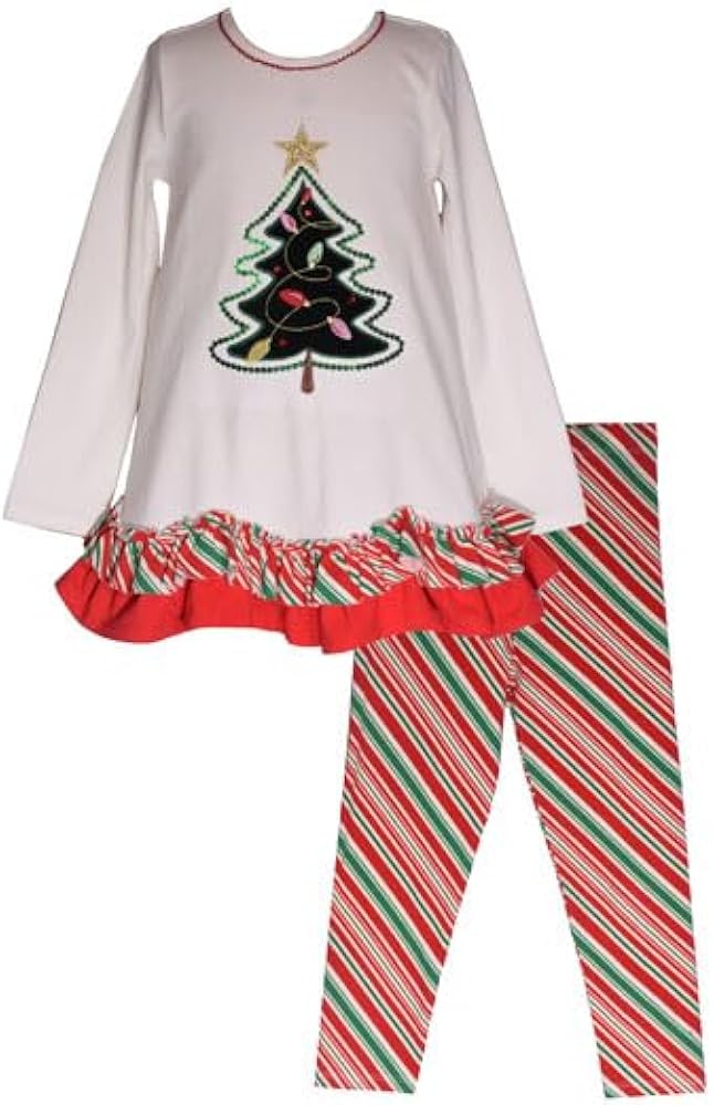 Bonnie Jean Holiday Scalloped Christmas Tree Pant Set Legging Set for Infant, Toddler, and Little Girls