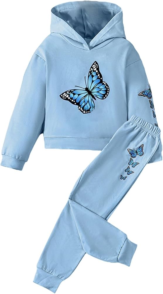 Toddler Girl Butterfly Print Long Sleeve Hoodie Pants Set For 1 To 8 Years Girls' Clothing Sets Outfits For Girls