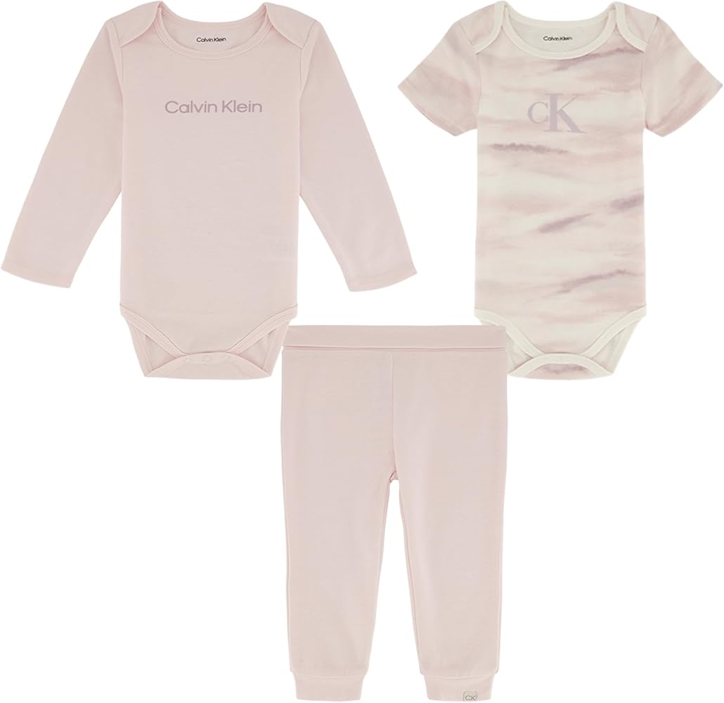 Calvin Klein Baby Girls Creeper & Pant 3-piece Set, Everyday Casual Wear, Ultra-soft & Comfortable Fit