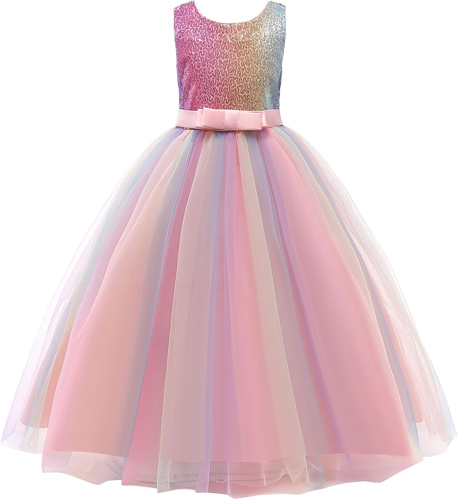 Glamulice Flower Girls Wedding Party Dresses Rainbow Tulle Sequence Sequin Bridesmaid Birthday Pageant Maxi Ball Gown