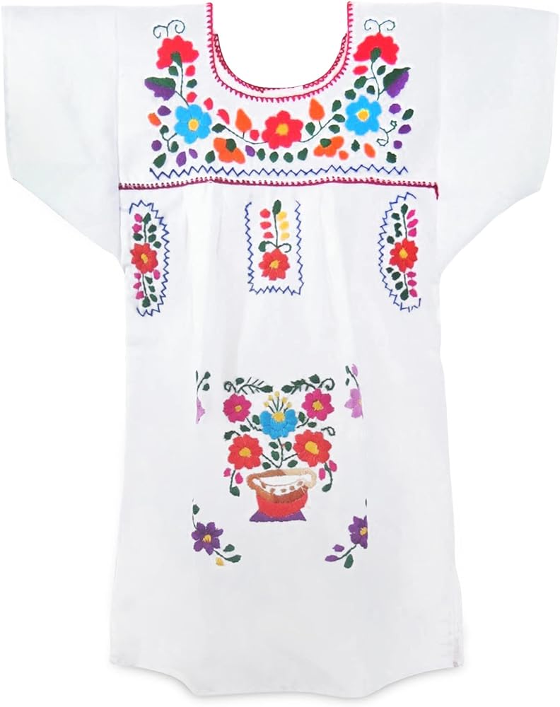 Embroidered Puebla Mexican Dress for Girls, Handmade Traditional Mexican Dress for Girls, Cotton Floral Girls Mexican Dress