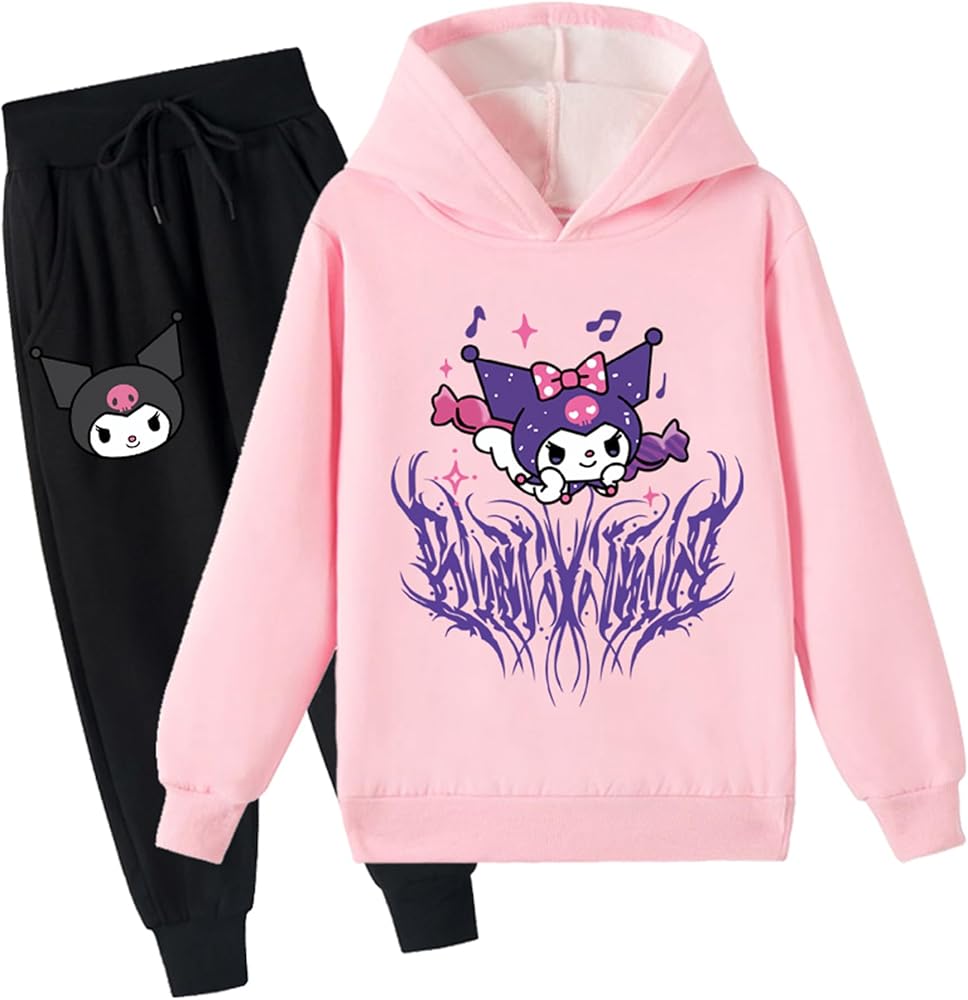 Kids Kuromi Graphic Hoodie Sweatshirts and Sweatpants Set,Classic Long Sleeve Tops Brushed Hooded Outfits for Girls