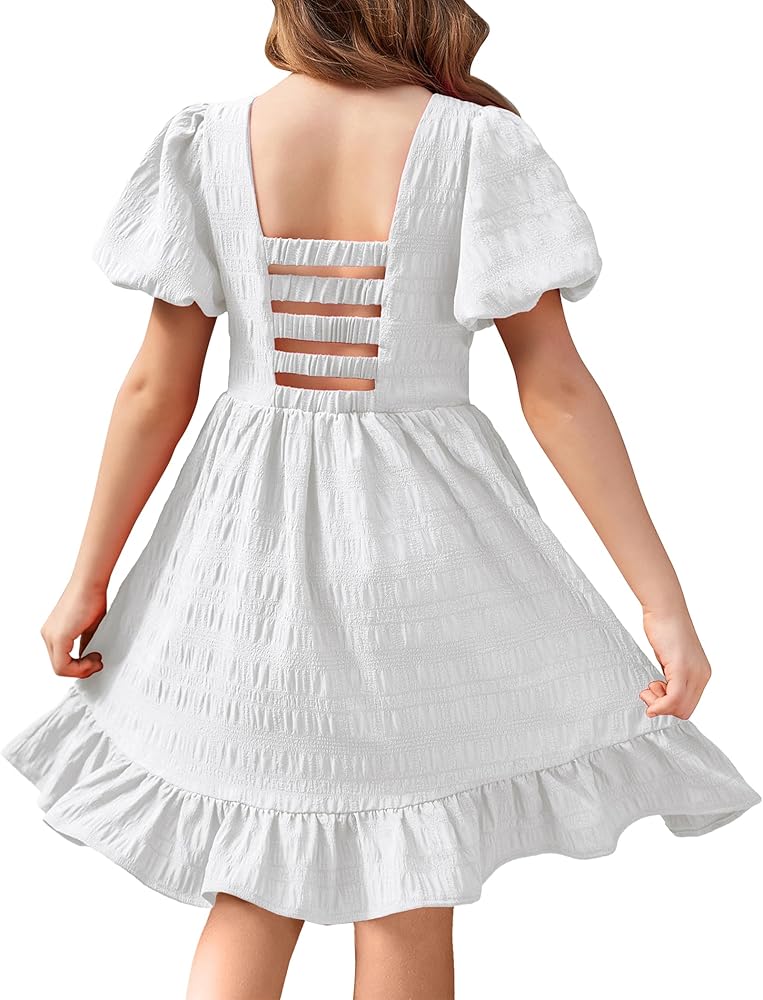 Arshiner Girls Backless Dress Short Sleeve Square Neck Ruffle Hem Elegant Dresses