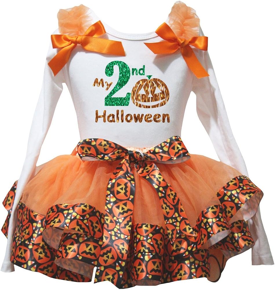 Petitebella My Halloween White L/S Shirt Orange Pumpkin Petal Skirt Nb-8y