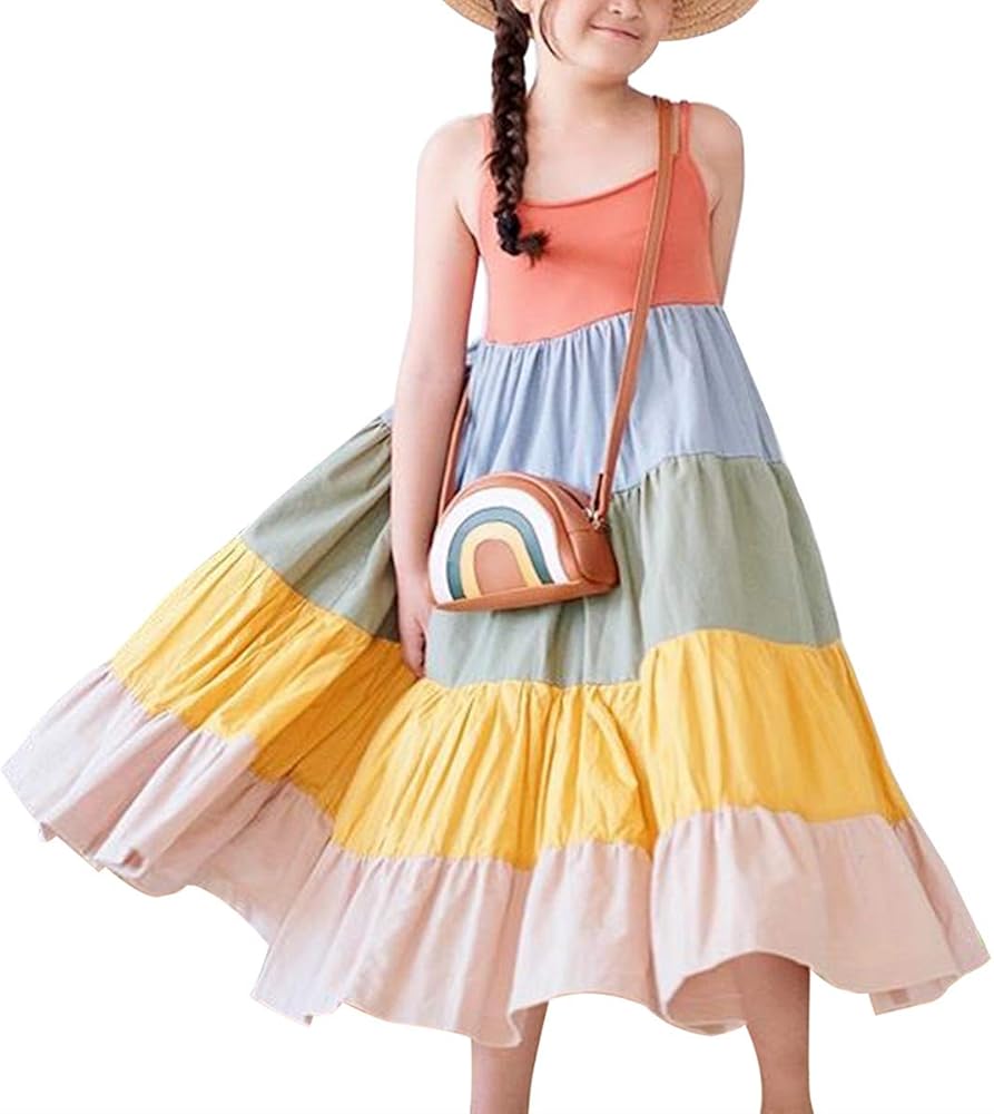 Toddler Kids Girls Summer Dress Rainbow Sleeveless Halter Beach Tutu Sundress One Piece