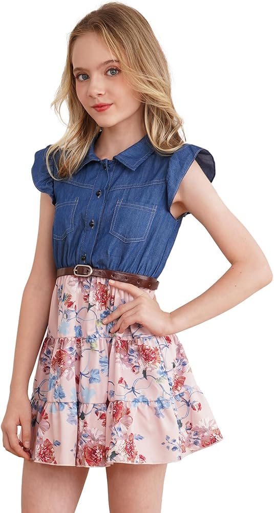 JEATHA Girls Summer Dress Sleeveless Denim Top Floral Print Tutu Princess Sundress Casual Wear