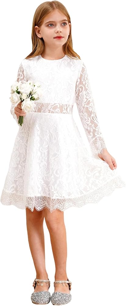 Kids Flower Girls Dress Long Sleeve Lace Dress Vintage Wedding Party Formal Evening Princess Gown