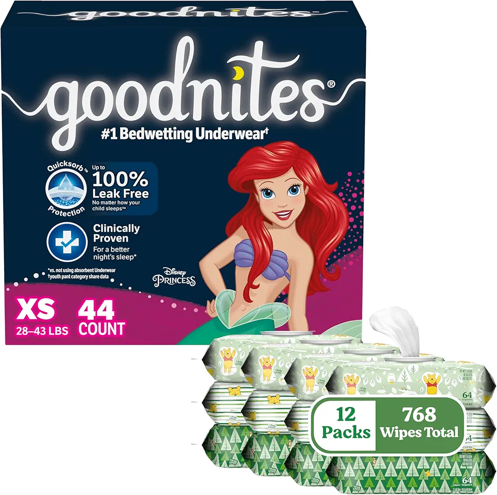 Goodnites and Wipes Bundle: Goodnites Underwear for Girls, Extra Small, 44ct & Huggies Natural Care Sensitive Wipes, Unscented, 12 Flip-Top Packs (768 Wipes Total) (Packaging May Vary)