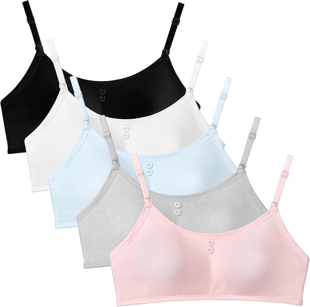 Girls Training Bra Teen Bras Everyday Big Kids Padded Bra 8-10 10-12 12-14 14-16 Adjustable Straps - 5 Packs