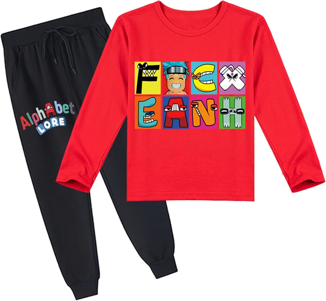 Unisex Kids Graphic Long Sleeve T-Shirts and Sweatpants Set,Alphabet Lore Tracksuit Crewneck Tops for Boys Girls