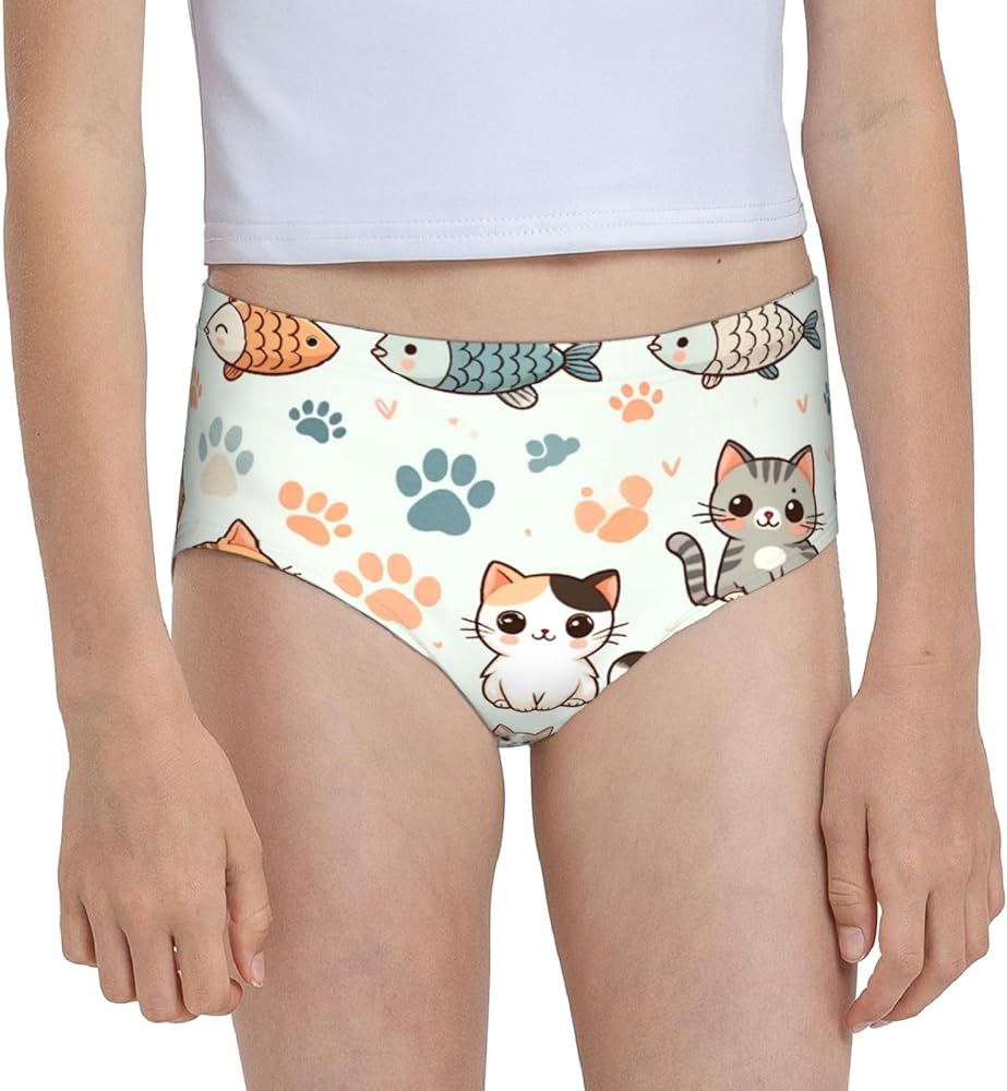 Augenstern Cotton Underwear Fish-Cat-Paw-Print Girls'Briefs Soft Underpants