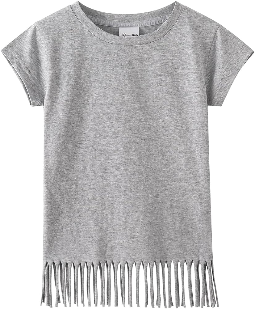 Noomelfish Girls Short Sleeve Fringe T-Shirts Soft Jersey Cotton Tee Tops (3-12 Years)