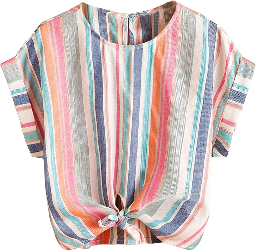 WDIRARA Girl's Striped Round Neck Short Sleeve Knot Hem Blouse Summer Casual Tops