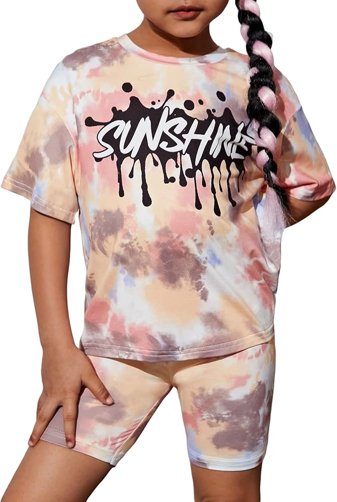 Verdusa Girl's Tie Dye Letter Print Short Sleeve Tee Top and Biker Shorts Tracksuit