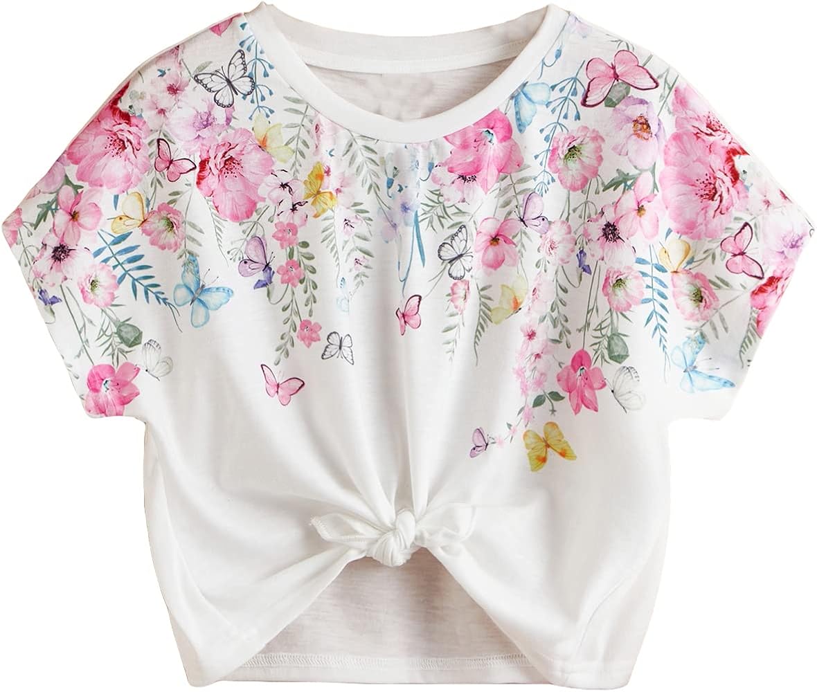 SHENHE Girl's Floral Butterfly Print Short Sleeve Tie Front Crewneck T Shirt Crop Tops