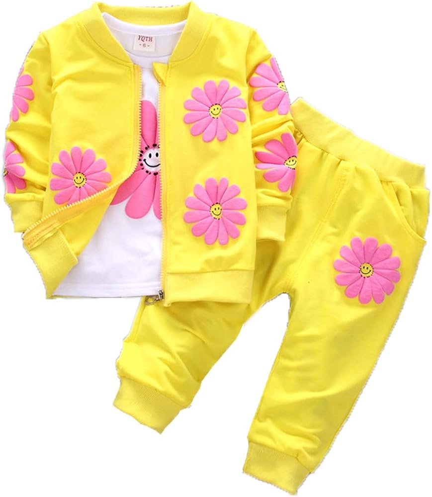 Yao 1-5Years Toddler&Little Girls Flowers Print 3 Piece Sets T Shirt Vest and Pants