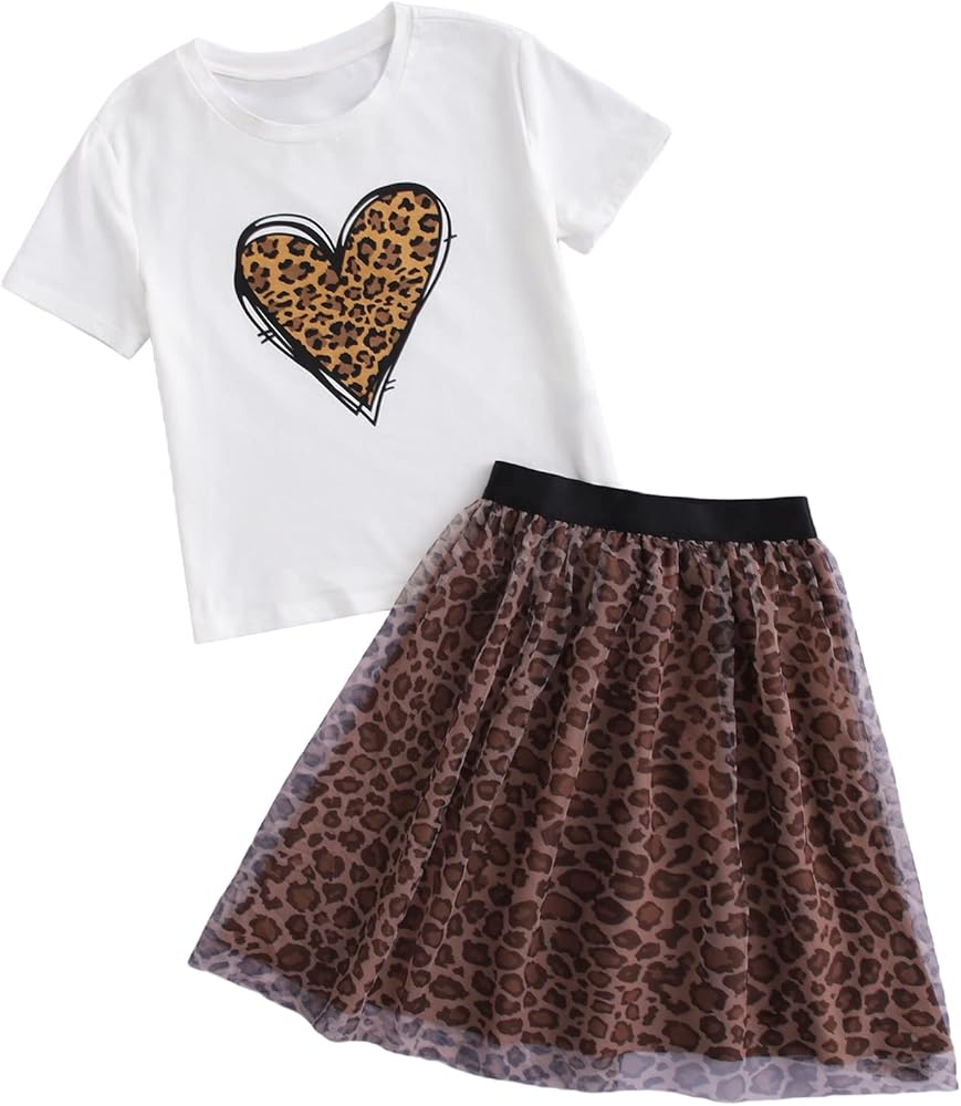 SOLY HUX Girl's Leopard Heart Print Short Sleeve Tee and Mesh Skirt Set Two Piece Outfits