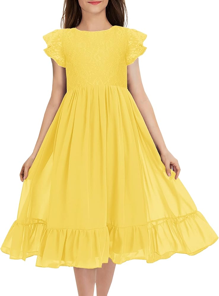 MITILLY Girls Elegant Lace Flower Crew Neck Ruffle Chiffon A-Line Flowy Birthday Party Midi Dress