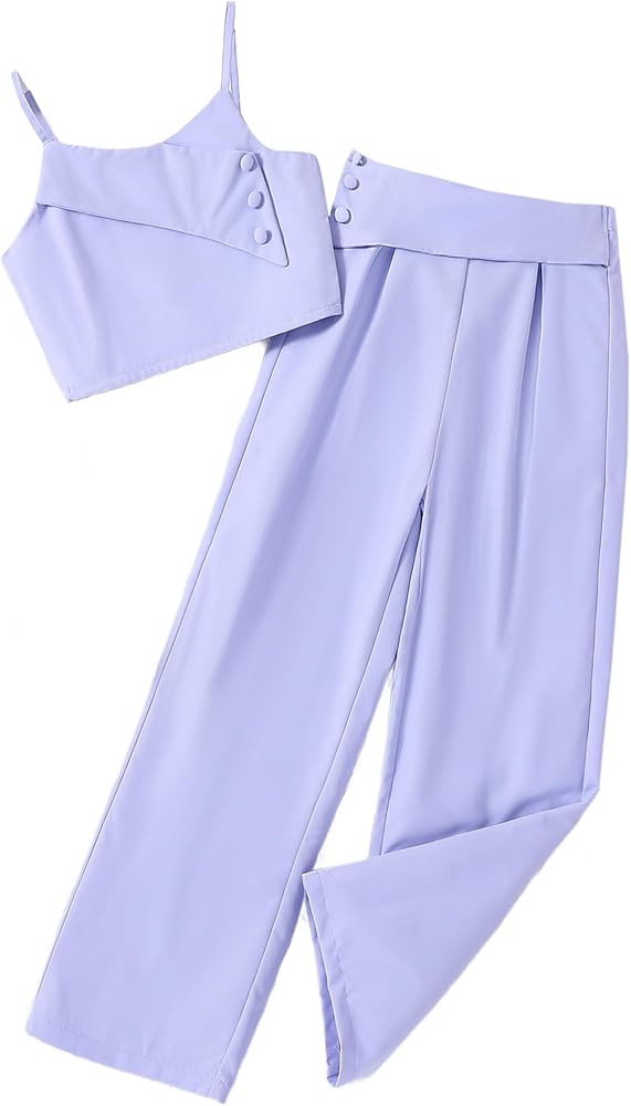 Hilinker Girls Cute 2 Piece Summer Outfits Ruched Button Cami Top and Pants Set 7-14Y