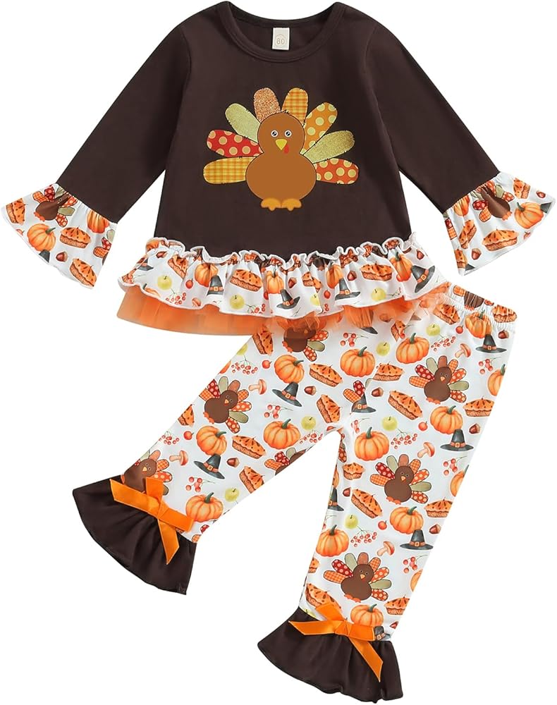 ITFABS 1-6T Toddler Girl Halloween Clothes Set Plaid Pumpkin T-Shirts Tees Pullover Shirts Tops+Flare Pants Outfit Set